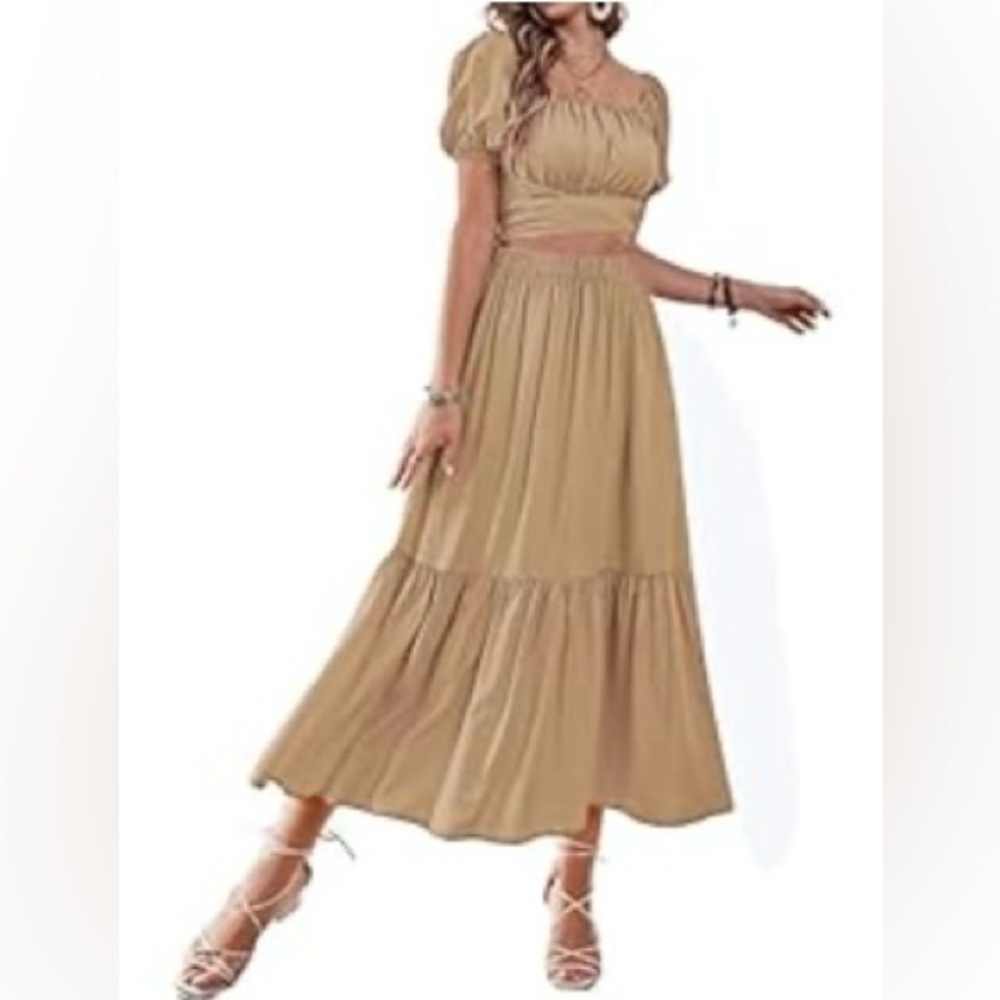 Women's 2 Pcs Outfits Wrap Tie Short Sleeve Crop Top Ruffle Maxi Skirt Set